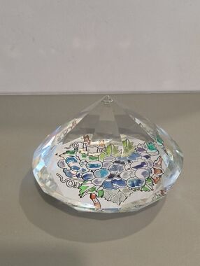 Faceted Glass Paperweight with Blue Grape Illustration